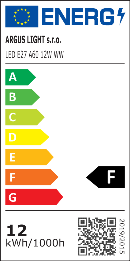 ARGUS LED žárovka E27 A60 12W - žárovka standard WW - teplá (3000 K) - energetický štítek